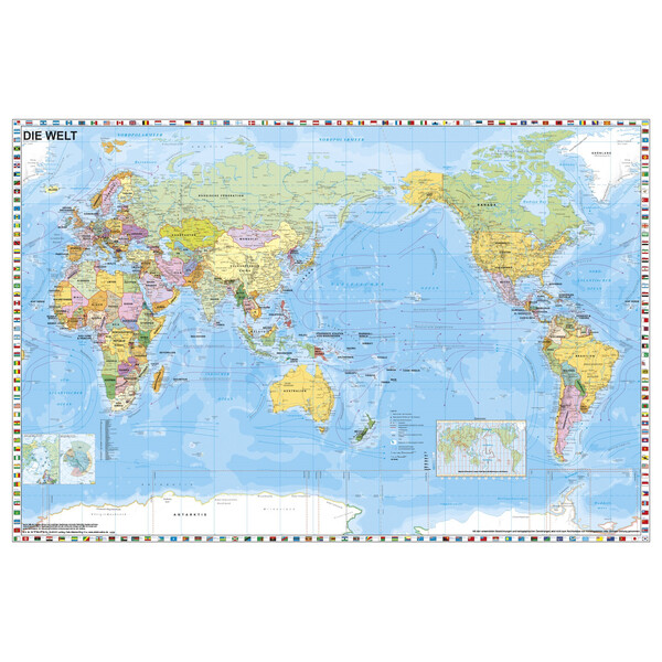 Stiefel Weltkarte Welt politisch pazifikzentriert mit Flaggenrand (98 x 68 cm)